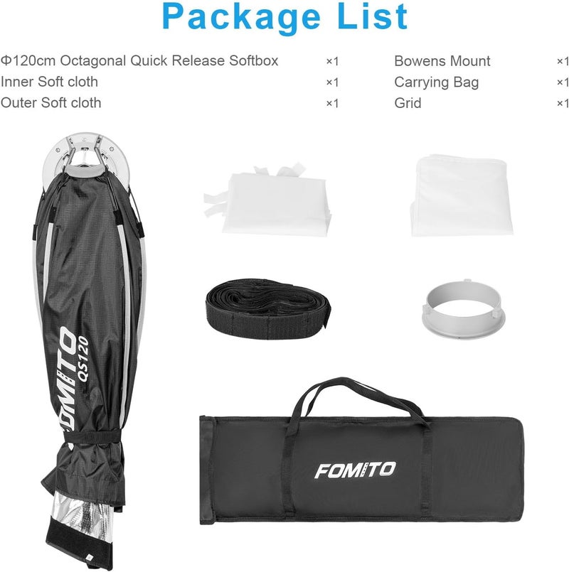 FOMITO 47.2"/120cm Octagonal Softbox, Quick Release Bowens Mount Softbox with Honeycomb Grid, Light Diffusers, Bag for Godox SL-60W SL60IID SL150R SL300R - Image 5